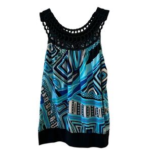 Y2K Wrapper Blouse Funky Blue Psychedelic Print Black Embroidered Round Neckline